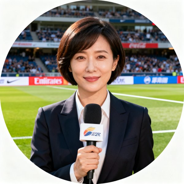 内容主编陈雨的圆形头像，一位32岁的女性，曾是足球记者，手持采访话筒，背景是球场边线。