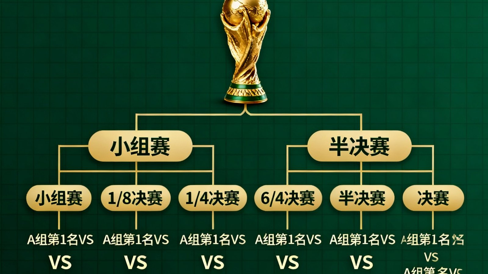 一张详细的世界杯完整赛程日历图表，从小组赛到决赛的64场比赛对阵关系以树状结构清晰排列，中央放置大力神杯金色图标，背景为深绿色网格。